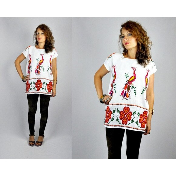 Mexican Embroidered Blouse Flowers Birds Embroidered Cross Stitches Blouse S M - Picture 1 of 5